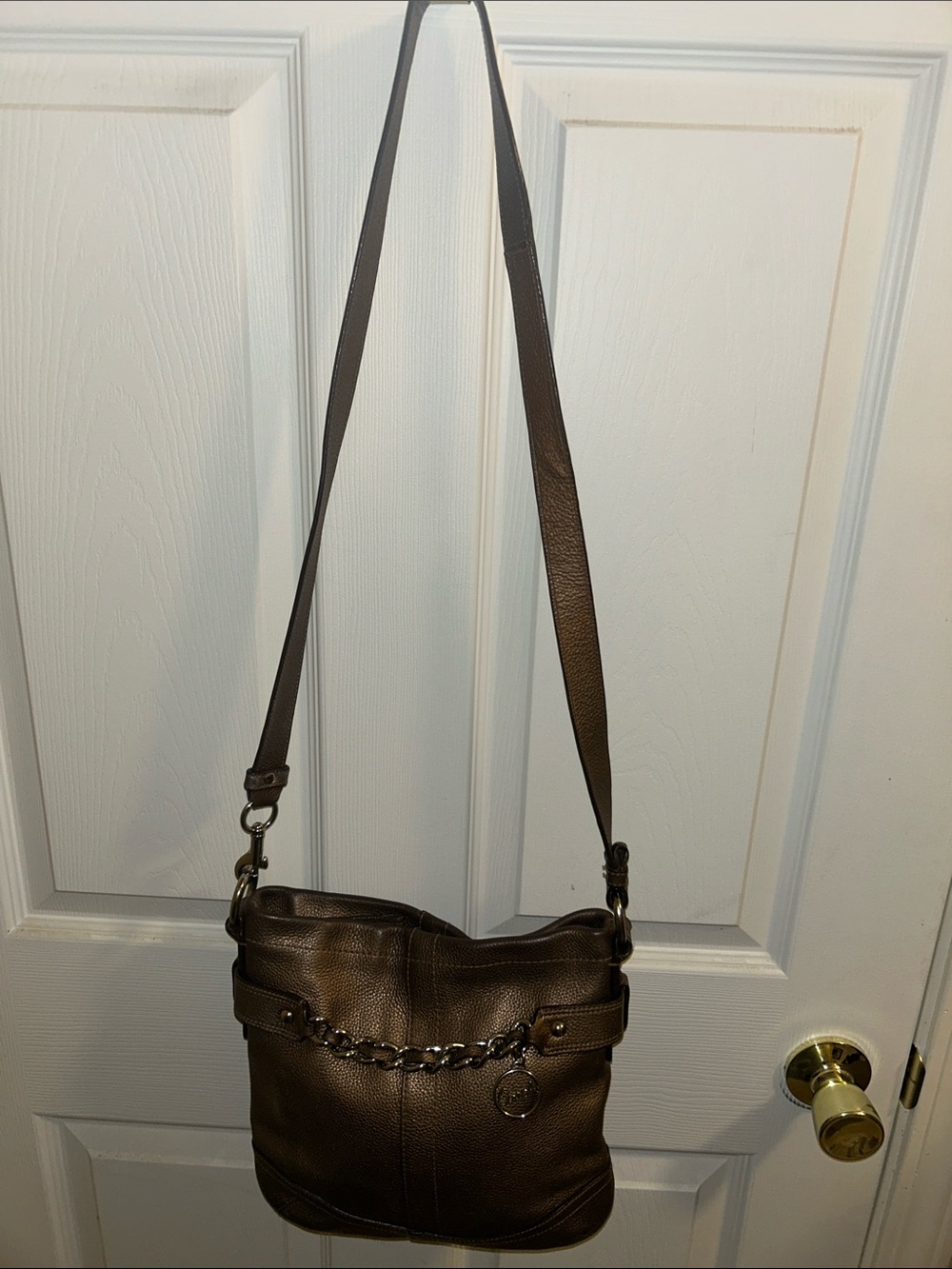 Coach Metallic Brown Pebbled Leather Crossbody with Chain Detail